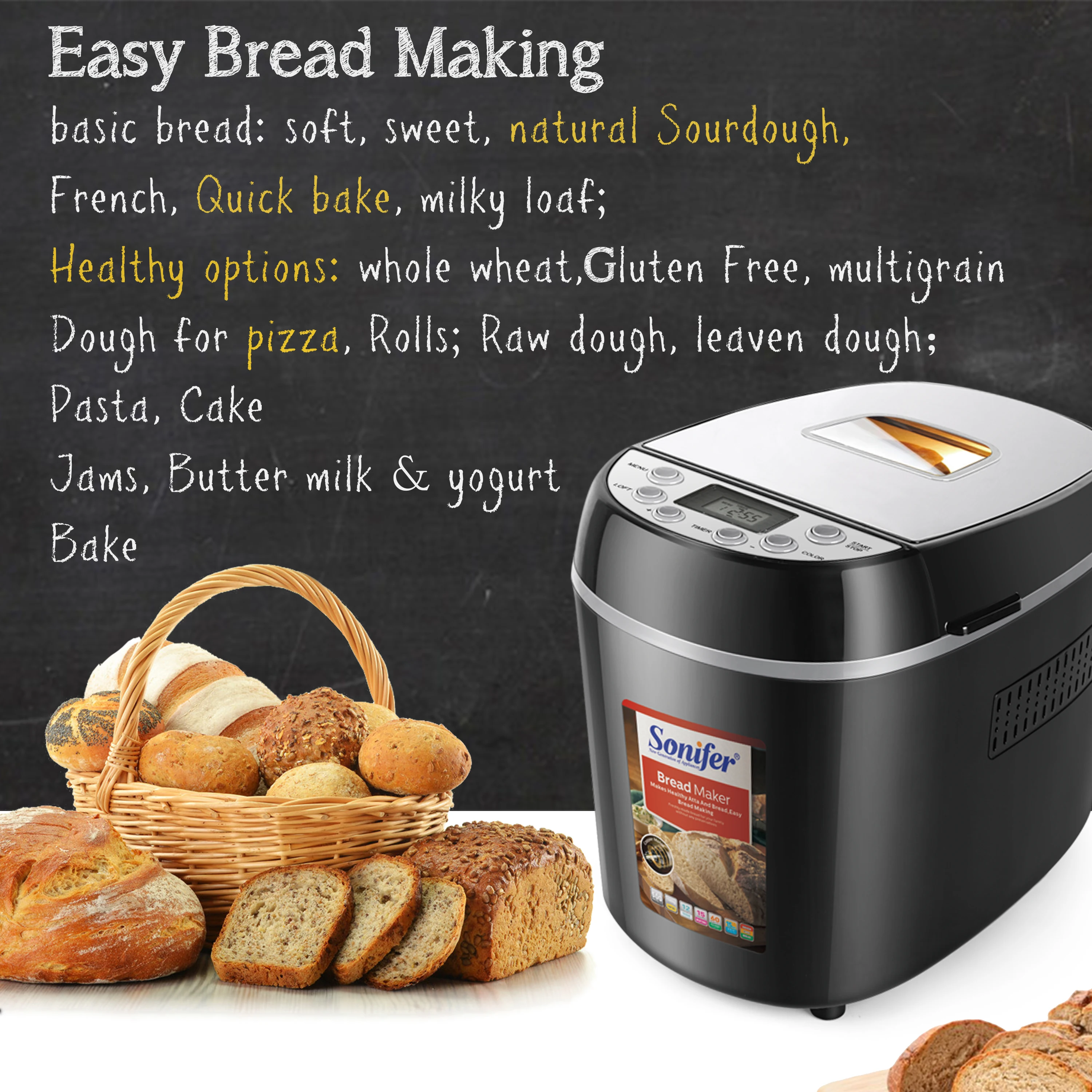 1.3kg Automatic Bread Machine 870w Programmable Bread Maker 15-hour Pre-set Timer Control Panel With Lcd Display Sonifer 3