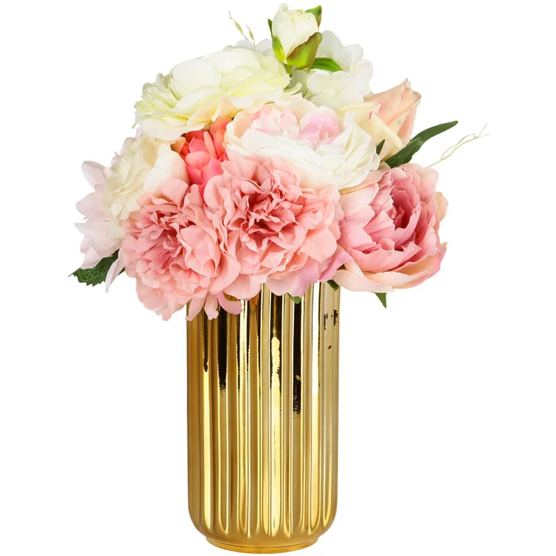 Simple electroplated striped gold solid color flower arrangement Ceramic vase Modern decoration vase home decoration ins 5