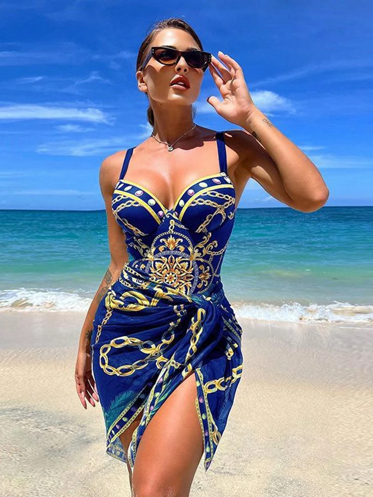 Chic Chain Printed Monokini with Wrap Skirt - Sexy Slim Fit Swimsuit