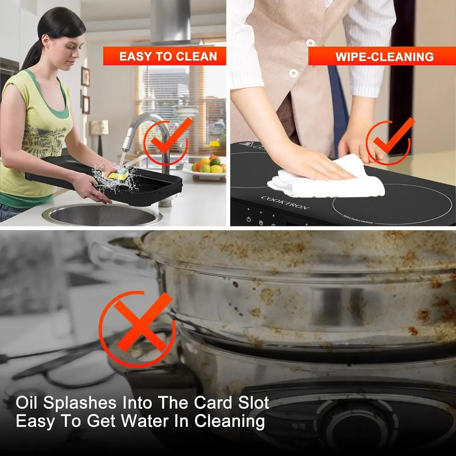 NEW-Portable Induction 2 Burner with Removable Iron Cast Griddle Pan Non-stick, 1800W Double Induction Cooktop with Child Safety
