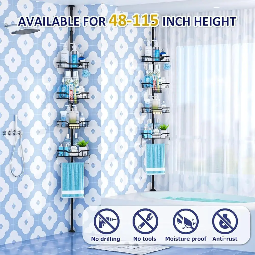 Adjustable 4 Tier Corner Shower Caddy Tension Pole Rustproof Floor Standing Bath Organizer with Towel Rack and Hanging Loops 4