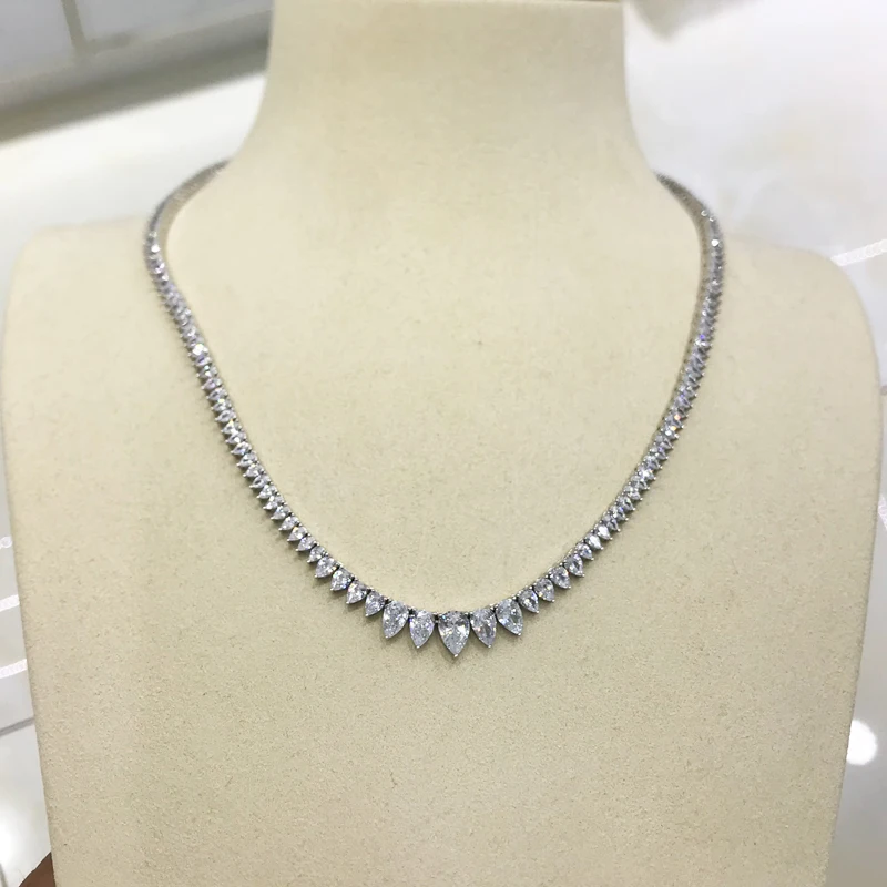 

100% 925 Silver Tennis Chain Necklace Sterling Setting Pave Sparkly Pear Zircon 42cm for Women Man Party Birthday Jewelry Gift