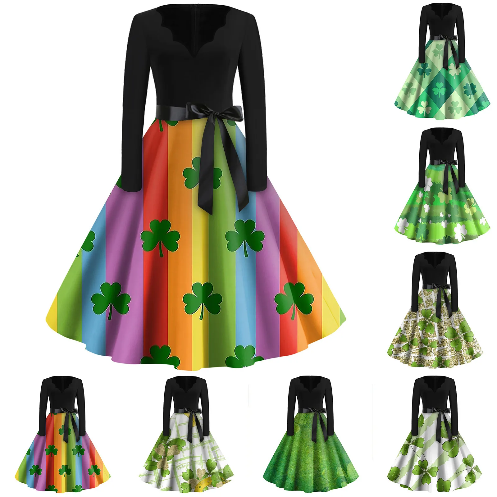 

Women's Fashion V-Neck Casual Slim St Patrick's Day Printed Long Sleeve Dresses Elegant Sleeveless Casual Floral Print Beach