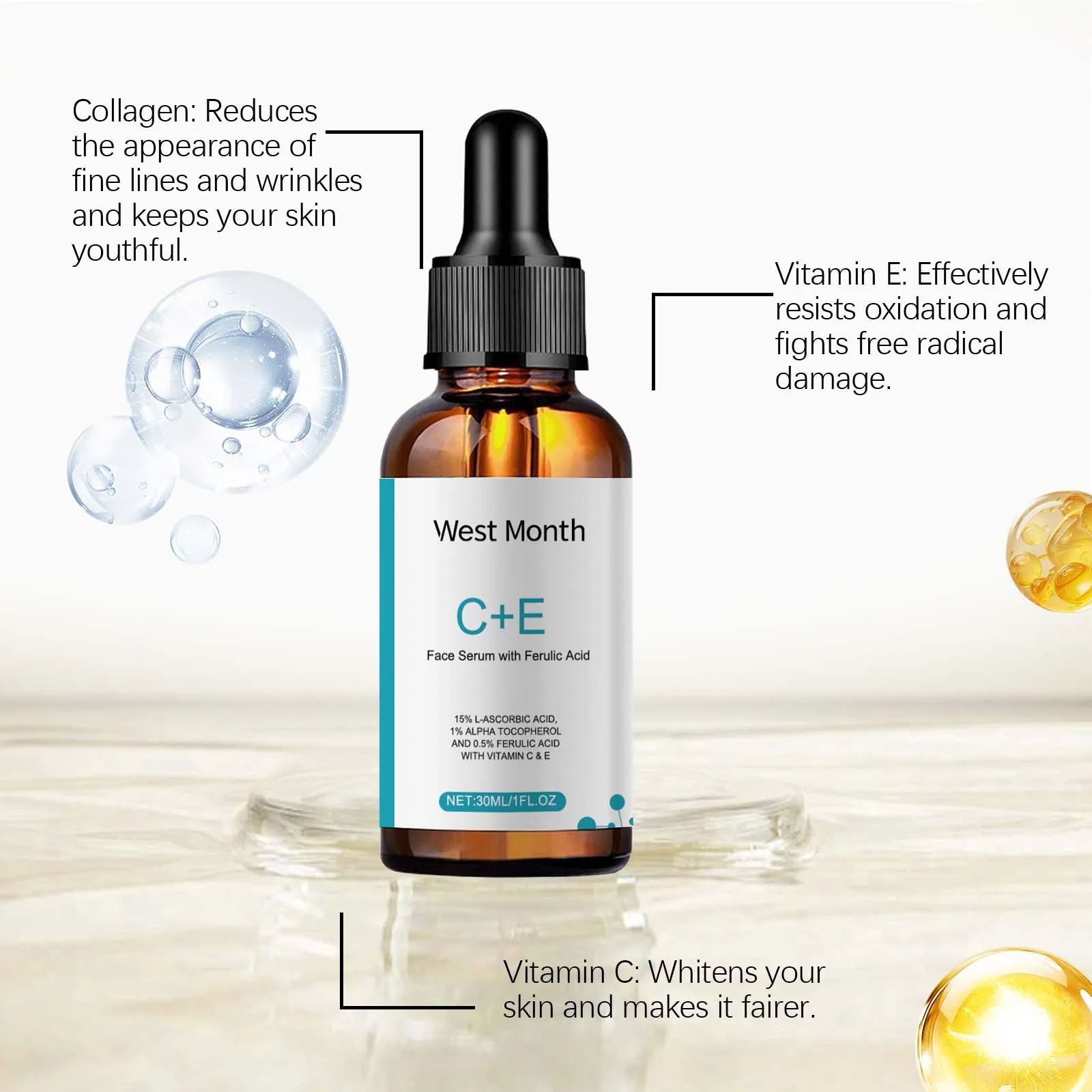 Vitamin C E Serum Lifting Moisturizer Fade Fine Lines Shrink Pore Firming Ferulic Acid Facial Essence Korean Skin Care Products 5