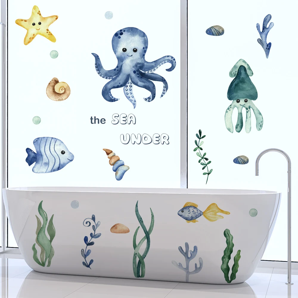 Removable Wall Stickers Cartoon Octopus Fish Kids Room Kindergarten Eco-friendly Nursery Decor Window Bathroom Tile Decals