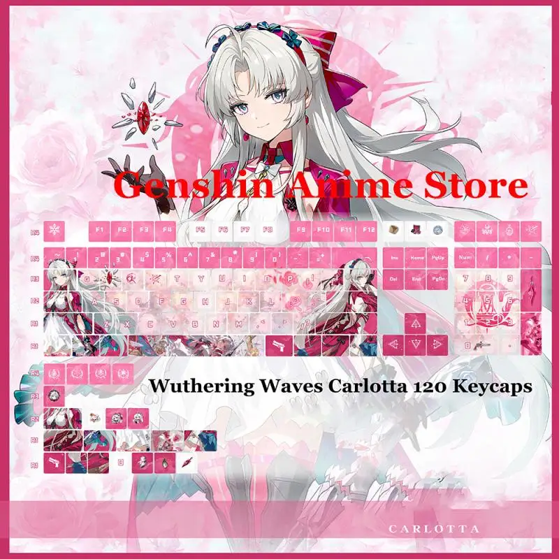 Wuthering Waves Carlotta Pink PBT 120-Tastenkappen, Cosplay-Requisiten, Achseseite, gravierte mechanische Tastenkappen, Gaming-Tischzubehör – Detail 1