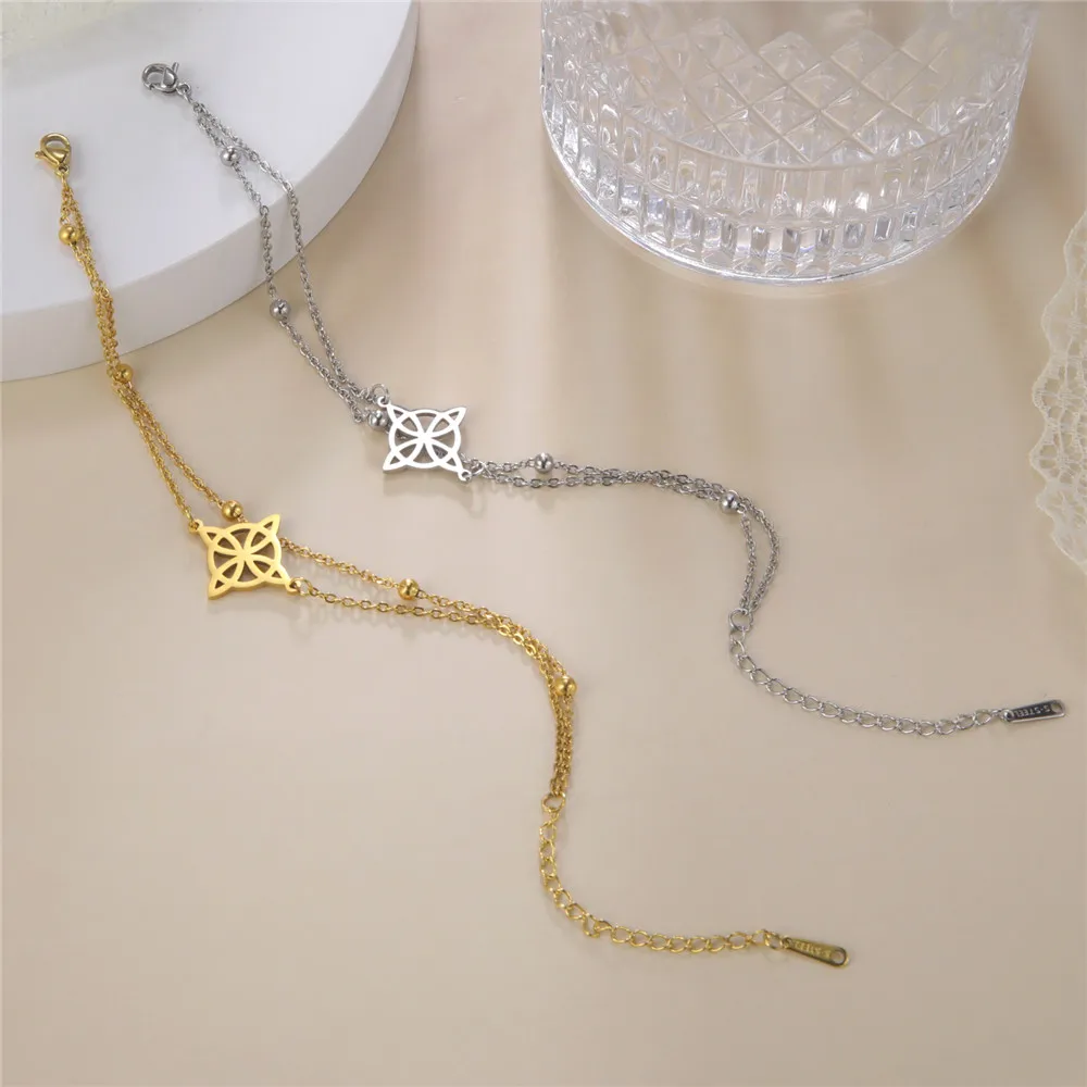 Silver Anklet Bracelet Ankle Chains Bead Bracelet Beads Anklet Fashion Accessories Skyrim Witch Knot Anklet Women Stainless Steel Double Layer Beads Chain Ankle Bracelet Witchcraft Jewelry Summer Accessories
