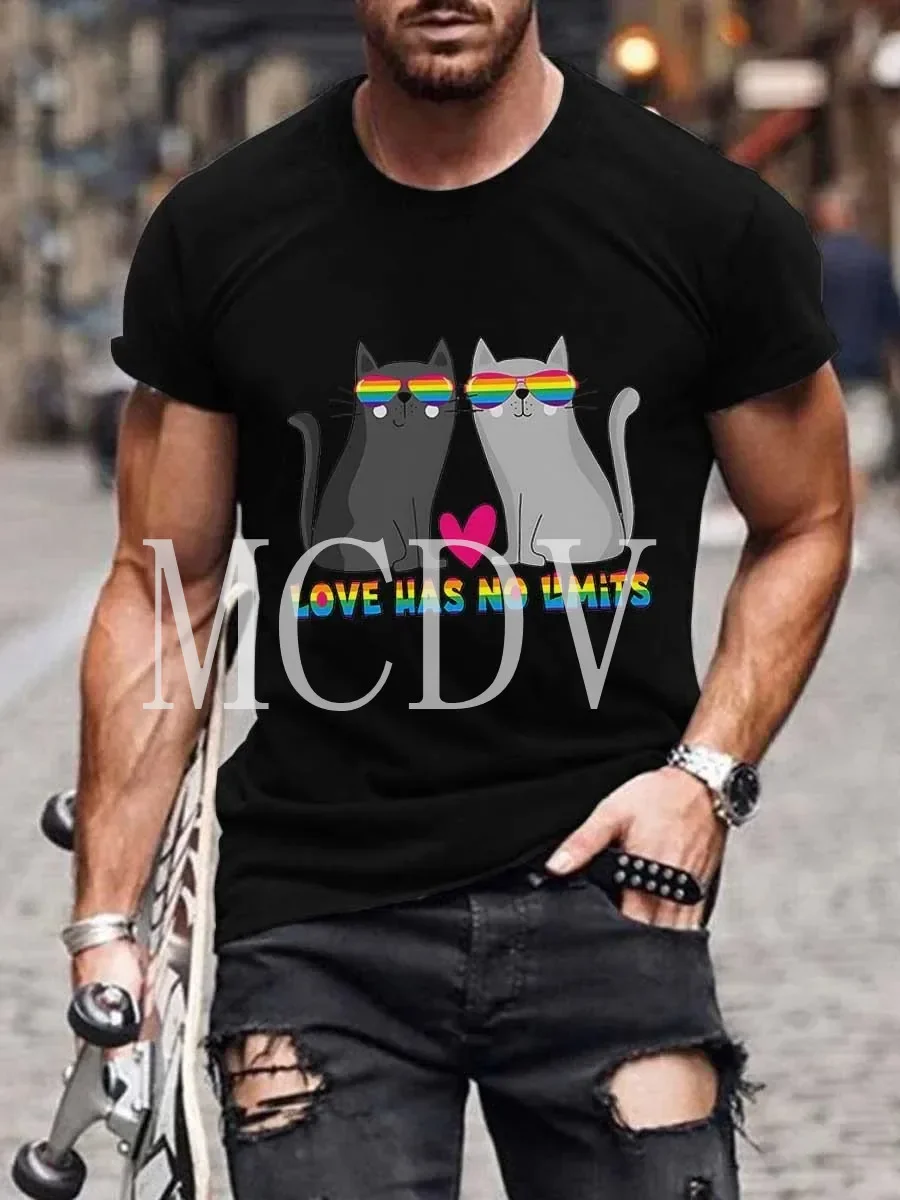 

2023 Summer Men's Printed Casual Crew Neck Short Sleeve T-Shirt Cat Love Rainbow 3D Printed T Shirt