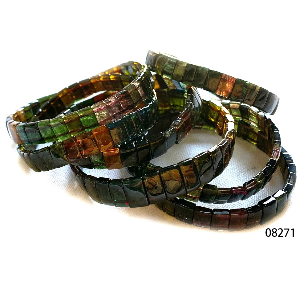 Veemake Natürlicher Aquamarin Turmalin Lazuli Schwarz Tektit Phantom Kristall Orange Gold Sonnenstein Armbänder Flache Rechteck Perlen – Detail 7