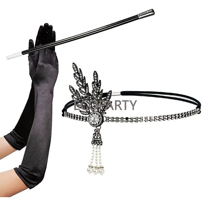 

1920s The Great Gatsby Accessories Set Medallion Pearl Headband Black Gloves Cigarette Holder Flapper Party Costume Accessories