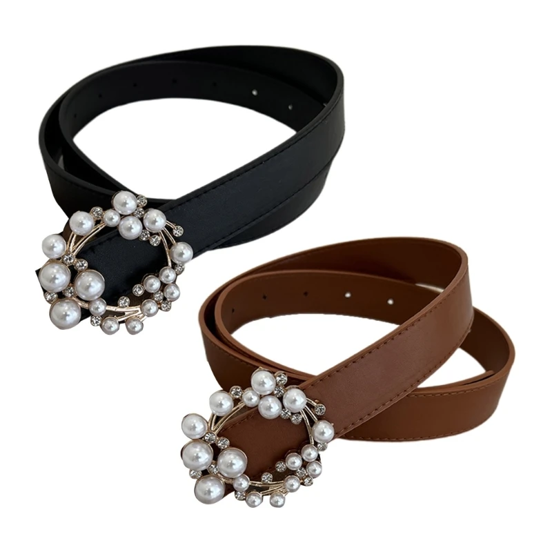 

Unisex Teens Woman PU Belt Jeans Adjust Pearl Belt for Dress Skirt Coat Decors G5AE