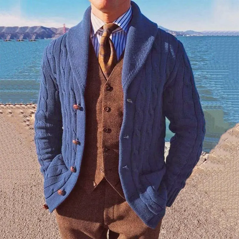 

Men's Knitwear Long Sleeve Sweater Blue Fashion Casual High Quality Loose Solid Color Lapel Button Sweater Fall 2023