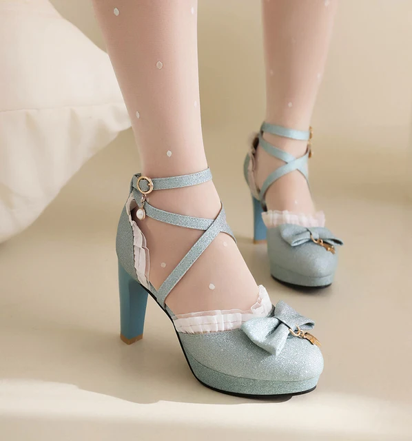 Women's Lolita Style Block Heel Pumps – Bow & Pearl Ankle Strap, Ruffles Detail, Goth Princess Shoes, 8.5cm Heel - View #5