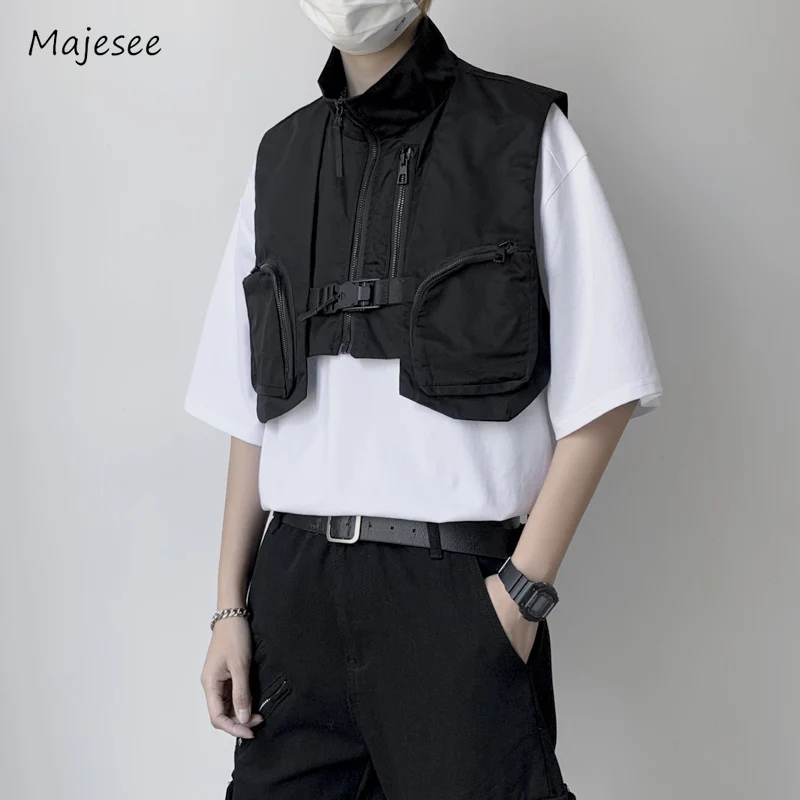 

Safari Style Short Vests Men Fashion Solid Color Summer High Street Advanced American Sleeveless Stand Collar Handsome