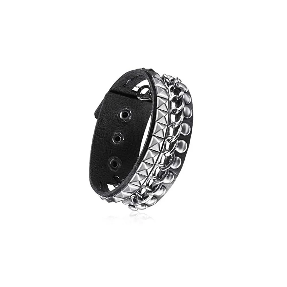80s Black Round Square Gothic Spike Bracelet Punk Rock Bracelet Studded Faux Leather for Men Women