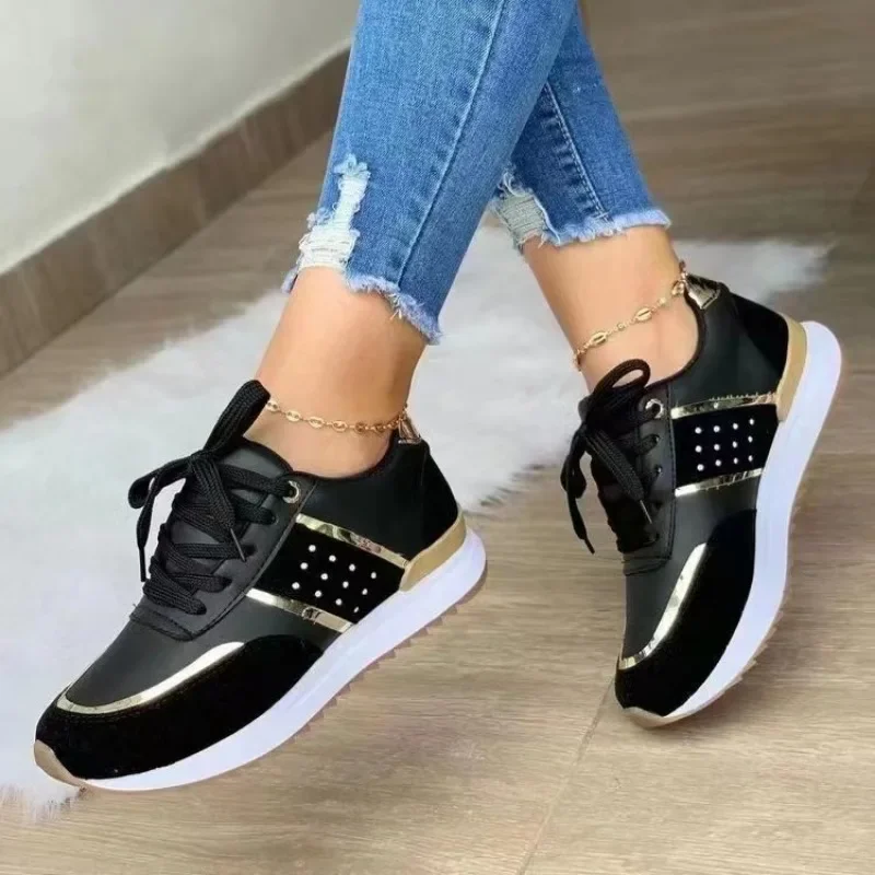 2024New Women Thick Sole Sport Shoe Leather Flats Lightweight Running Shoes Casual Sneakers Plus Size Lace Up Vulcanize Shoes 5