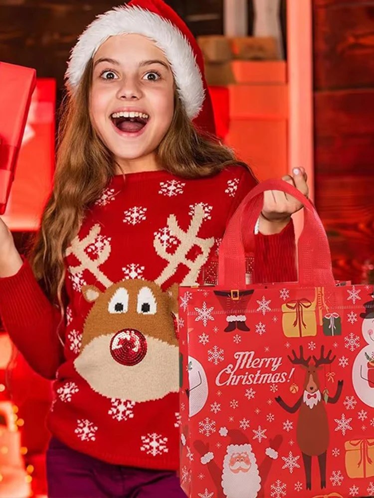 2Pcs Dark Blue Christmas Gift Bags | Cartoon Santa Elk Printed Non-Woven Handbags | Fol... - SKU CGB01822 - UGI Packaging