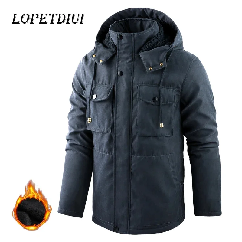 

2024 New Men Autumn Winter Casual Windproof Keep Warm Jacket Coats Berber Fleece Detachable Hat Military Cargo