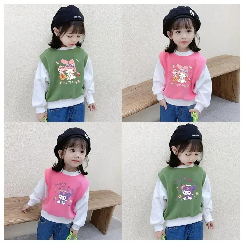 

Cartoon My Melody Kuromi Children's Casual Pullover Sweater Kawaii Fake Two Piece Loose Round Neck Hoodie Top Children Clothing