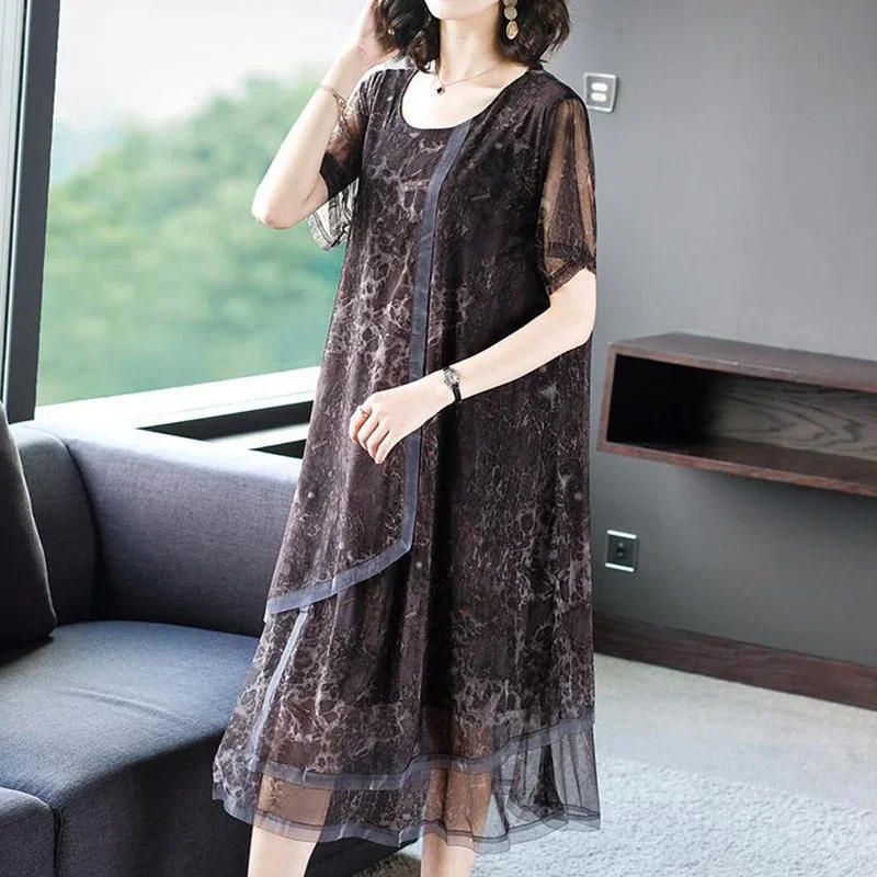 

Elegant Fashion Leopard Printed Dresses Summer 2024Short Sleeve O-Neck Oversized Loose Midi Dress Women's Clothing B227