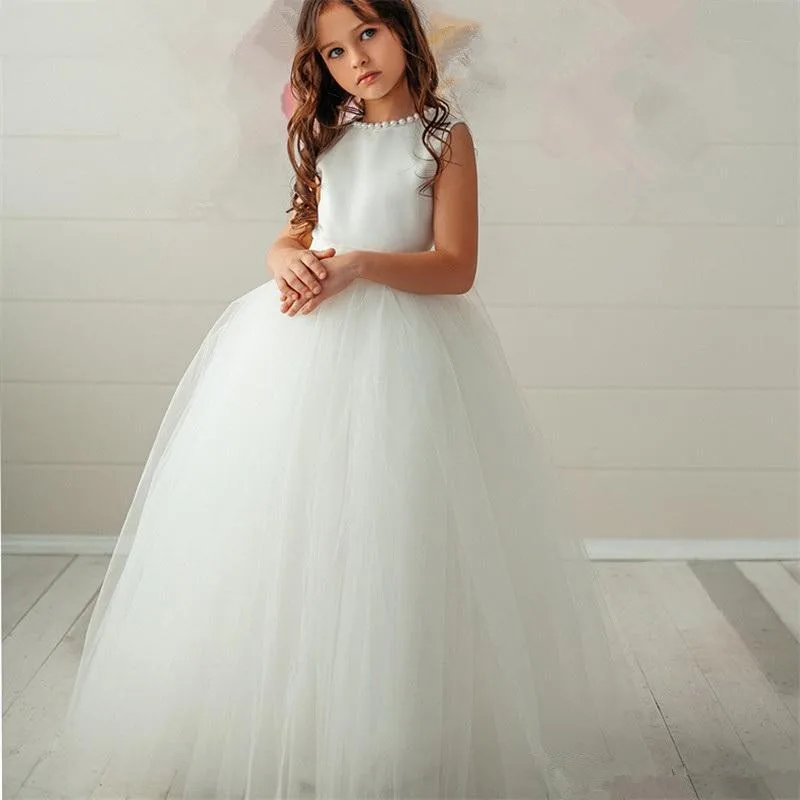 

Backless Pearls Flower Girl Dress Trailer Puffy Wedding Party Gowns for Girl First Communion Dresses Eucharist Attended Princess