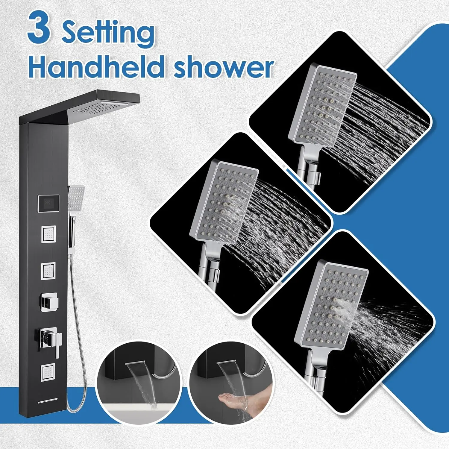 Shower Panel Tower System with LED Lights - No Battery Needed Shower Column with Rainfall Waterfall Shower Body Jets Handheld 6