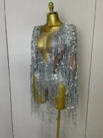 STOCK 2025 Flashing Sequins Tassels Sexy See-Through Sheath Bodysuit Evening Party Nightclub Dancer Stage Perfprmance Costume - Image 2