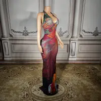 ZD New Women's Backless Dress Floral Print Sexy Deep V-neck Halter Sleeveless Maxi Dress Stylish Dress - Image 3