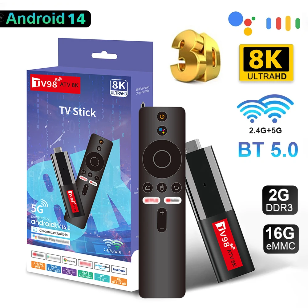 

ТВ-приставка TV98 ATV Mini TV Stick Android 14, поддержка 8K видео 4K BT5.0 Wi-Fi 6 Allwinner H618 Quad Core Cortex A53 голосовой пульт дистанционного управления Smart TV Box
