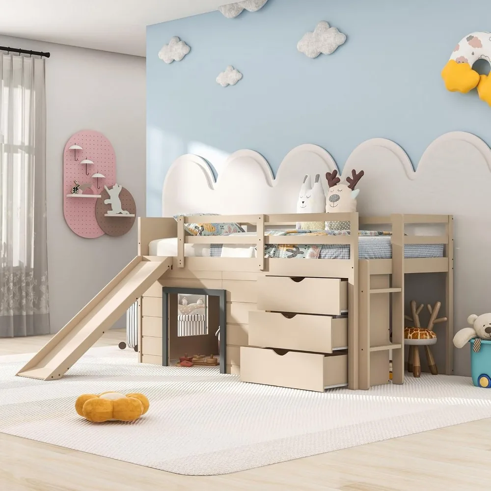 Wood Loft Bed with Slide, Ladder,  Loft Bed for Girls & Boys, Children Beds 5