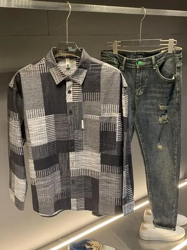 2025 Spring Summer New Sle Men's Long Sve irt Casual Plaid Color Blo Trendy Loose Fit Youthful Spring Autumn Wear