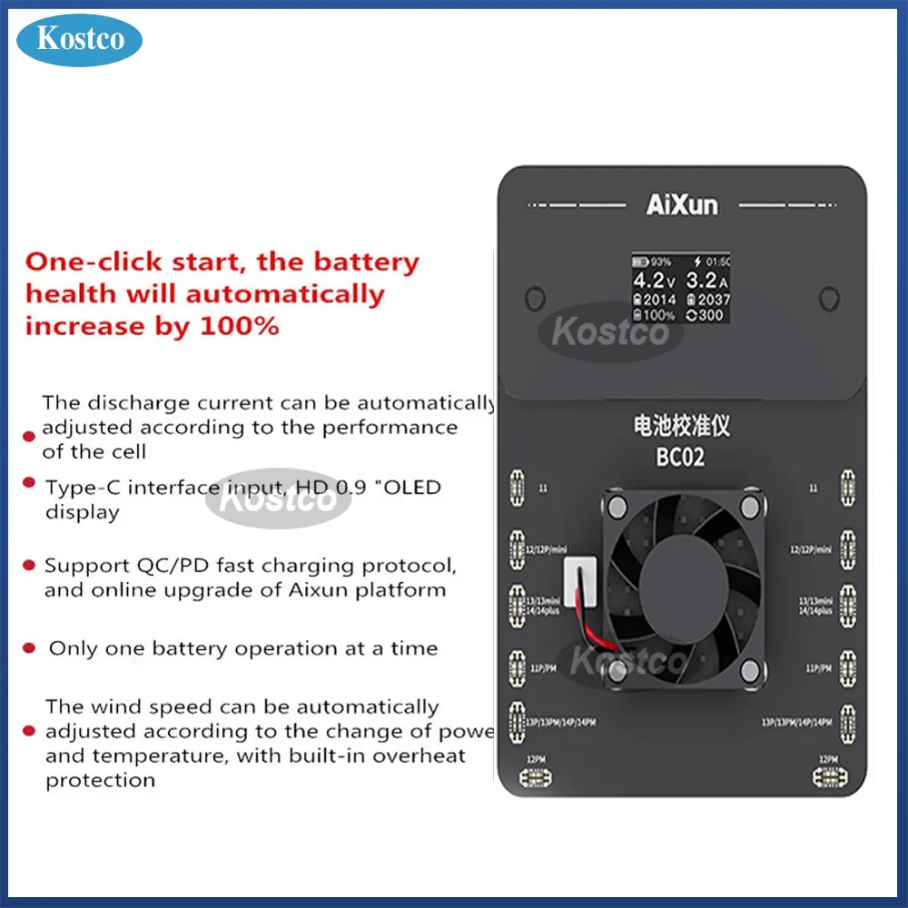 

JCID AiXun BC02 Battery Calibrator iPhone 11-14 ProMax Support Battery Charge Discharge Round Cycle Test Health Rises To 100%
