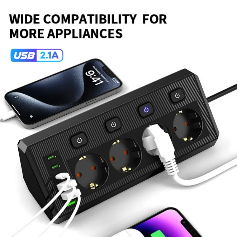 EU 데스크탑 코너형 멀티탭, 개별 스위치 제어가 가능한 연장 코드, 가정 및 사무실용