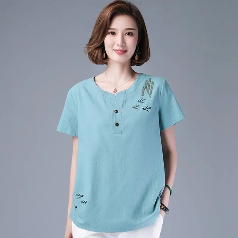 

Summer Womens Cotton And Linen Embroidered Short Sleeved T-shirt Top