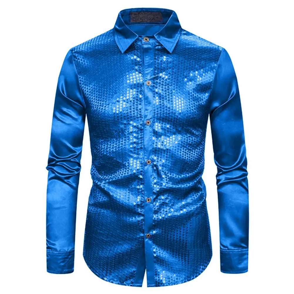 

Sparkly Sequin Shirt Stylish Men's Club Dance Shirt Sequin Lapel Slim Fit Colorful Stripe Glossy Long Sleeve Performance Top Men