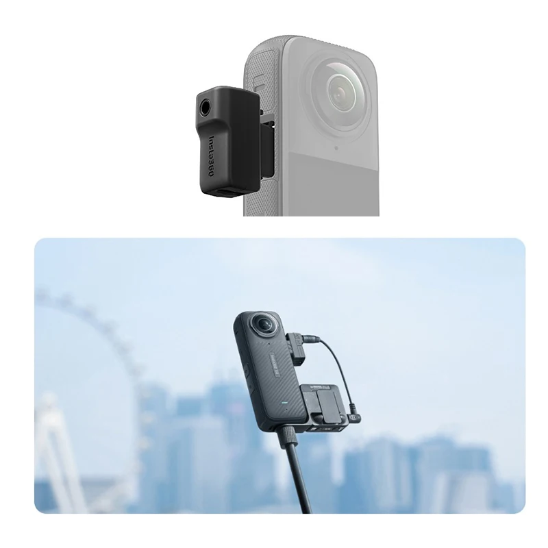 Adaptateur Audio Micro pour Insta360 X4 connecté à un micro externe, garantissant un enregistrement invisible et stable lors de prises de vue dynamiques.