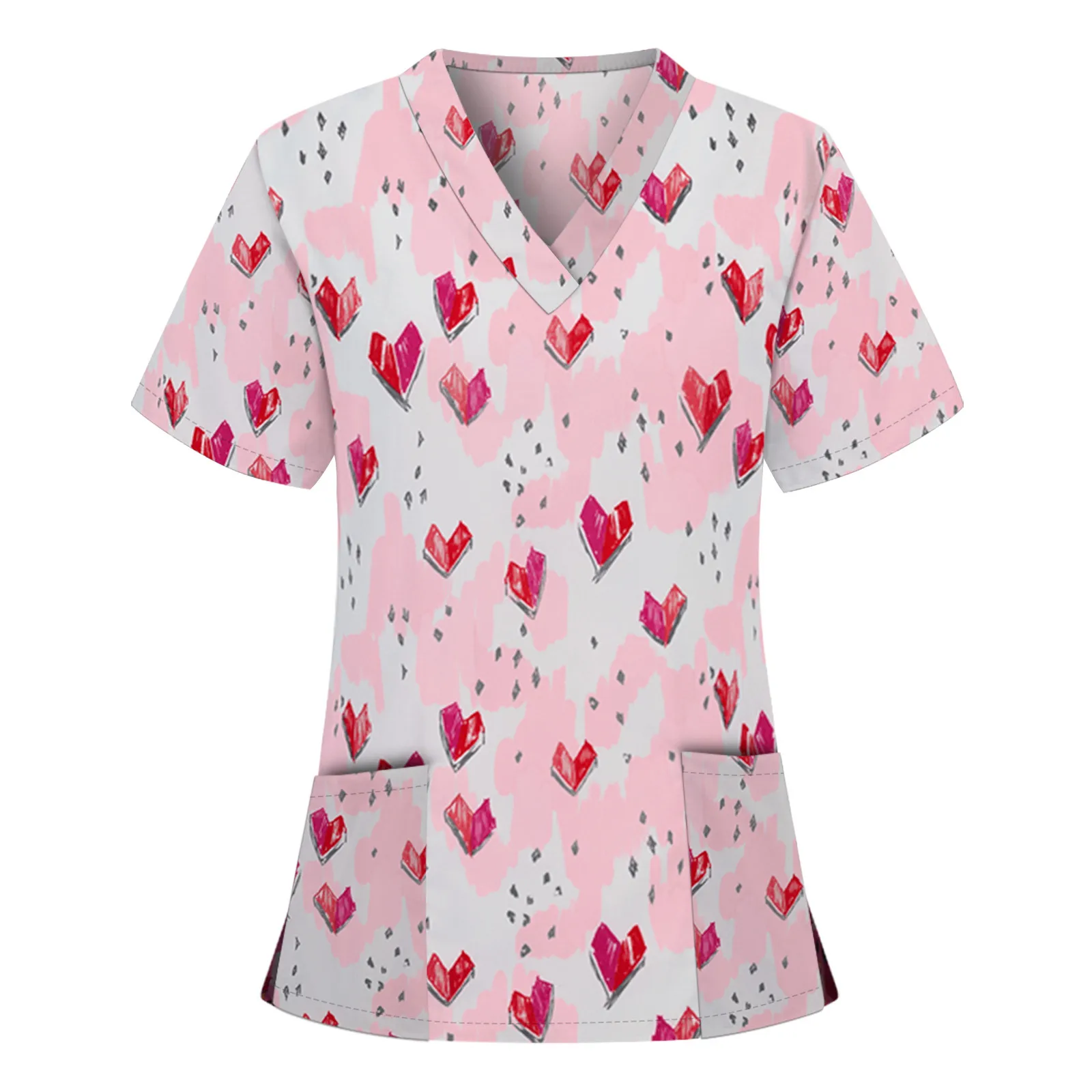 

Womens V-neck Nurse Uniforms 2022 Carer Medicals T-shirt Heart Print Top Working Blouse Short Sleeve Pocket Nursing Uniforms