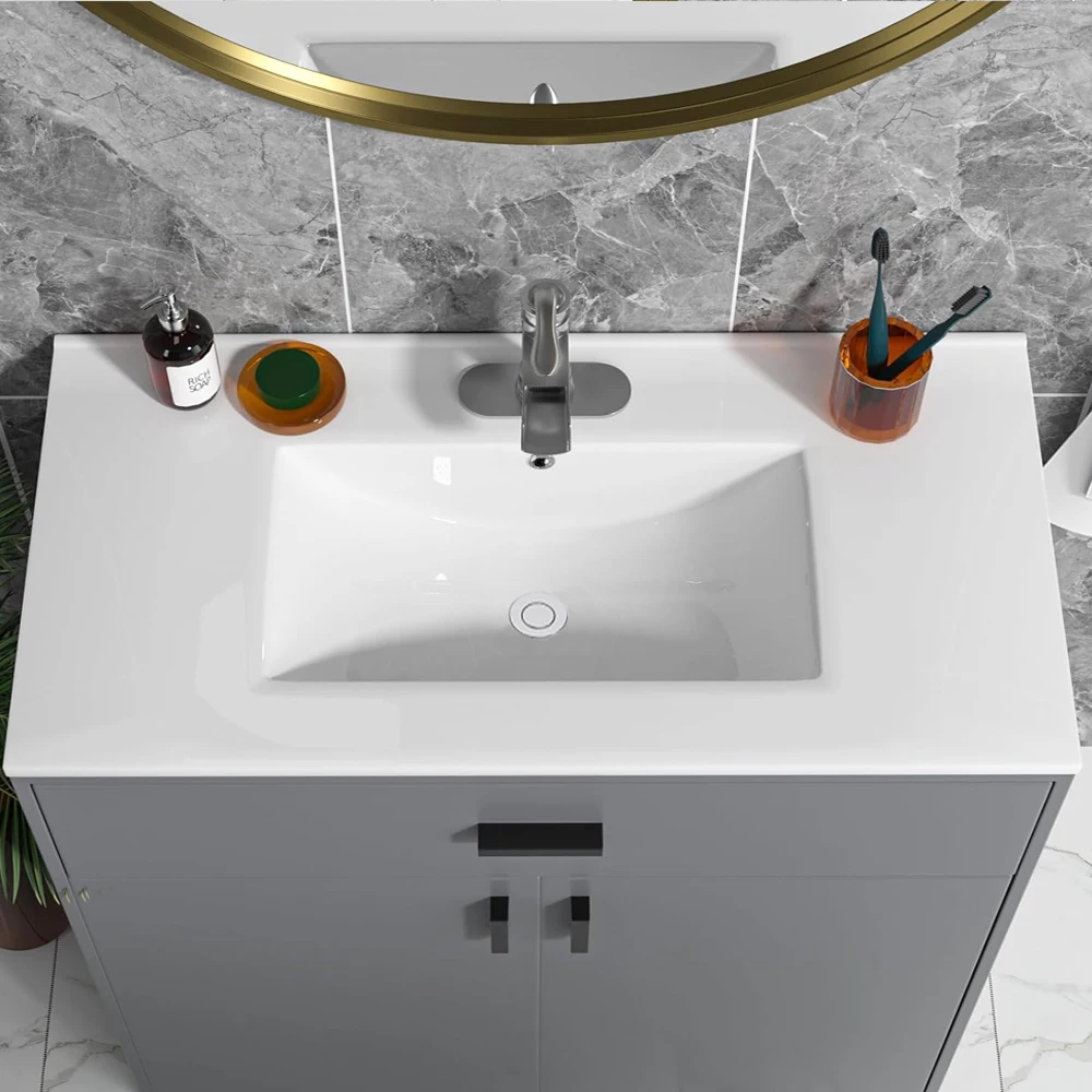 1pc 36 inch Porcelain Ceramic Vanity Sink Top, Surface Bathroom Vessel Sink Basin with Single Faucet Hole, Rectangular, Glossy 3