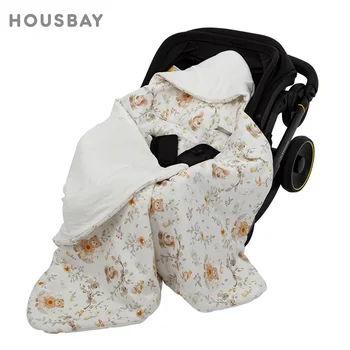 Baby Blanket In Infant Car Seat 100% Cotton Shell With Windproof Hooded Autumn Winter Swaddle Wrap Cartoon Printed Comforter 1