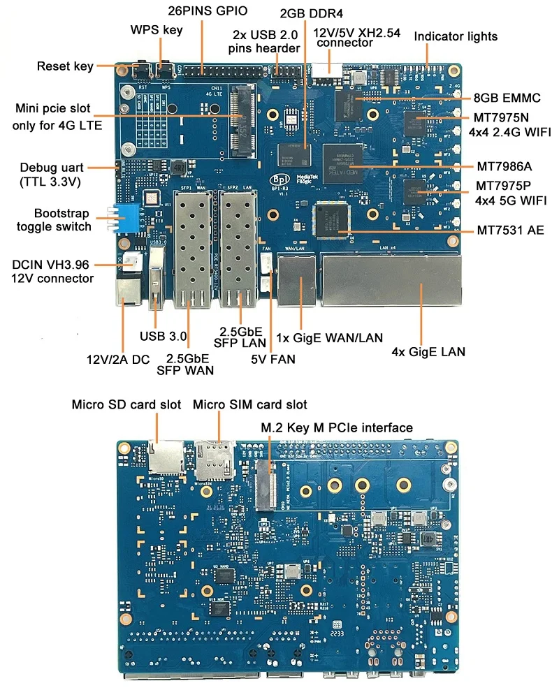 Banana Pi BPI R3 BPI-R3 board with MediaTek MT7986(Filogic 830),support Wi-Fi 6/