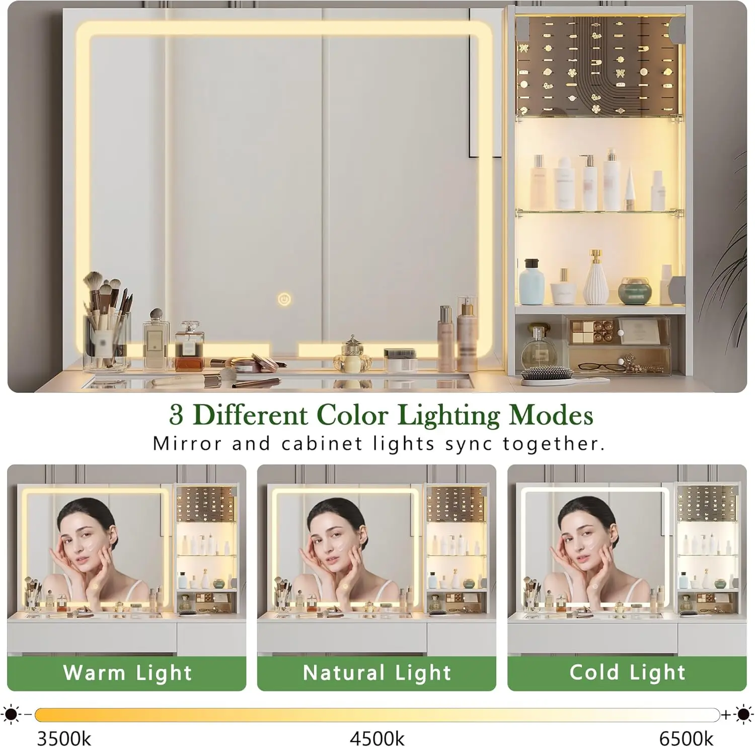 41" Vanity Desk with Power Outlet, Makeup Vanity with Mirror and Lights, 3 Lighting Modes, White Vanity Table with Glass Top