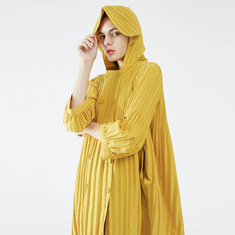 Miyake Pleats Pleated Hooded Windbreaker Jacket Fall 2023 Winter New Korean Fashion Double Breasted Loose Women Long Trench Coat