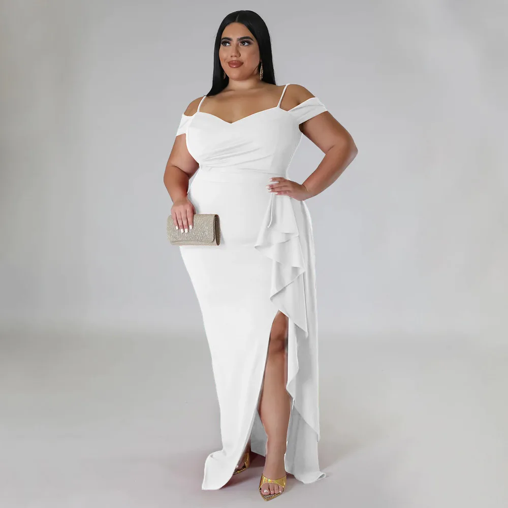 2023 Spring Women Dress Split Ruffle Off Shoulder Evening Dress Female Luxury Design Large Cloth Plus Size Birthday Dinner Robe