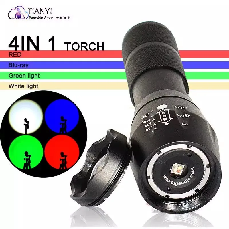 

4-color LED Tactical Red Green Blue White light Multi-color flashlight RGB waterproof scalable for tracking fishing hunting