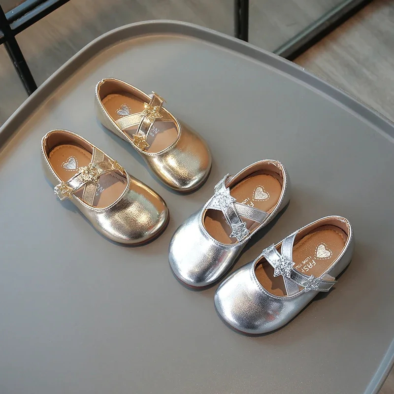 Children's Leather Shoes Solid Color Girls Ballet Shoes Fashion Simple Princess Versatile Kids Party Shoes Gold Silver Causal 2