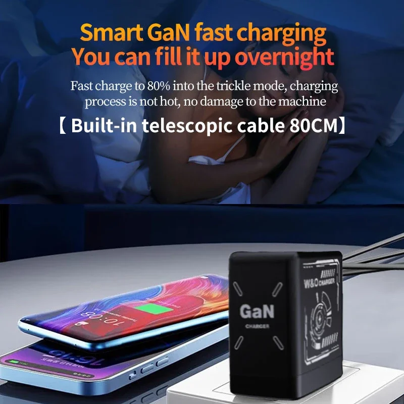 Ultra-Compact 120W Fast Charging GaN Charger with Retractable Type C Lightning Cable