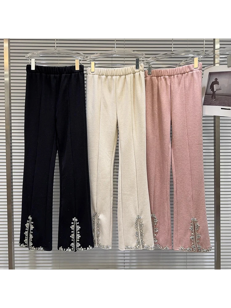 

HIGH STREET Newest 2024 Designer Fashion Women's Split Diamond Studded Bead Micro Flare Casual Pants
