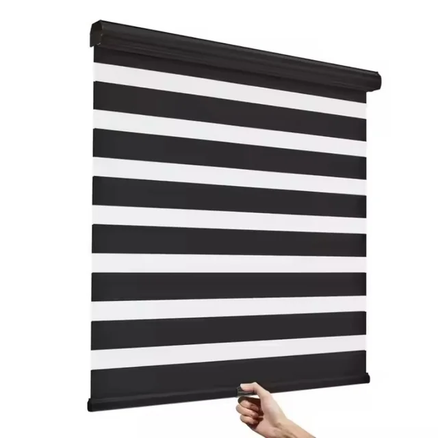 Custom Manual Blind อุปกรณ์อลูมิเนียมอัลลอยด์ผ้าปลอดภัยกันน้ํา 100% Blackout Manual Cordless Spring Zebra Blinds สําหรับ Windows 1