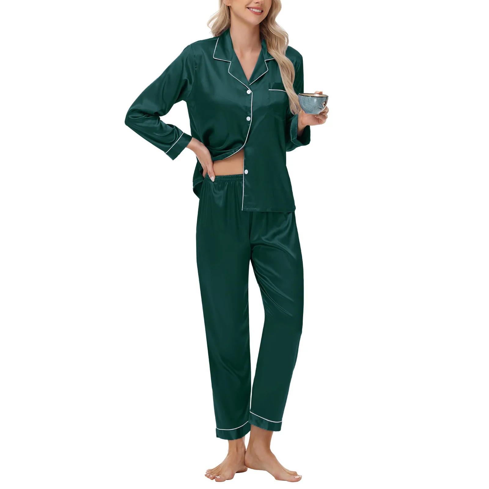 Damen-Pyjama-Set aus Seidensatin, langärmelig, Button-Down-Nachtwäsche, 2-teiliges Lounge-Set, Pj-Set, S-2XL, Loungewear – Detail 9