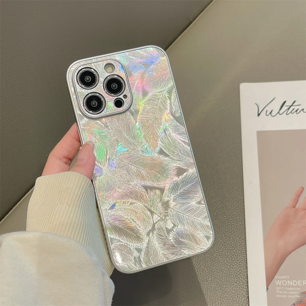 Dazzling Glitter Feather Pattern Phone Case with Camera Protection and Bling Cover